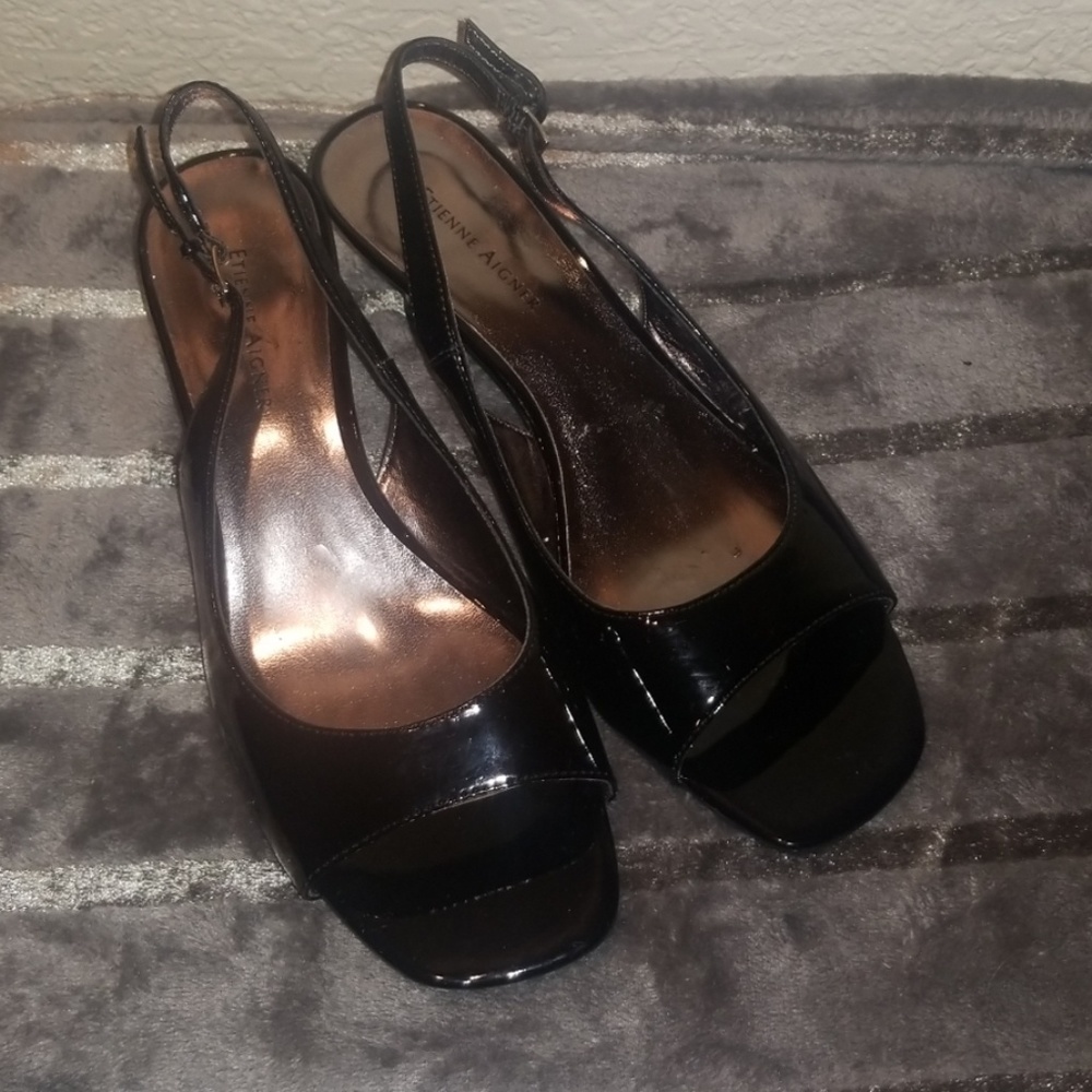 Etienne Aigner patent leather open toe wedge sanda